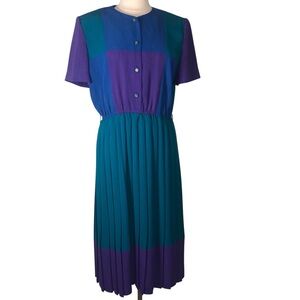 VTG 80s Leslie Fay Dress 14 Colorblock Purple Green Pleated Buttons NO BELT